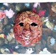 Cindy Wright, Mask, panel, torch fired, enamel, found mask, photo, encaustic, 12” x 16.875”